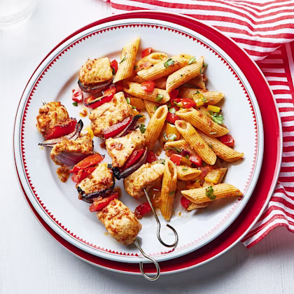 Red Pesto Chicken Skewers with Penne Salad