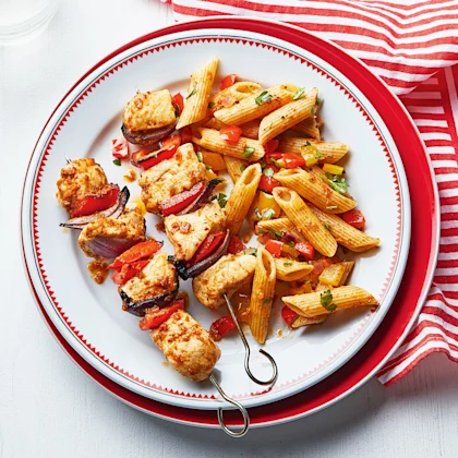 Red Pesto Chicken Skewers with Penne Salad