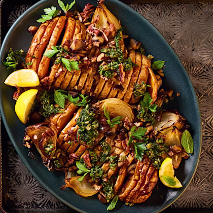 Hasselback Butternut Squash with Chestnuts, Pecans and Green Sauce