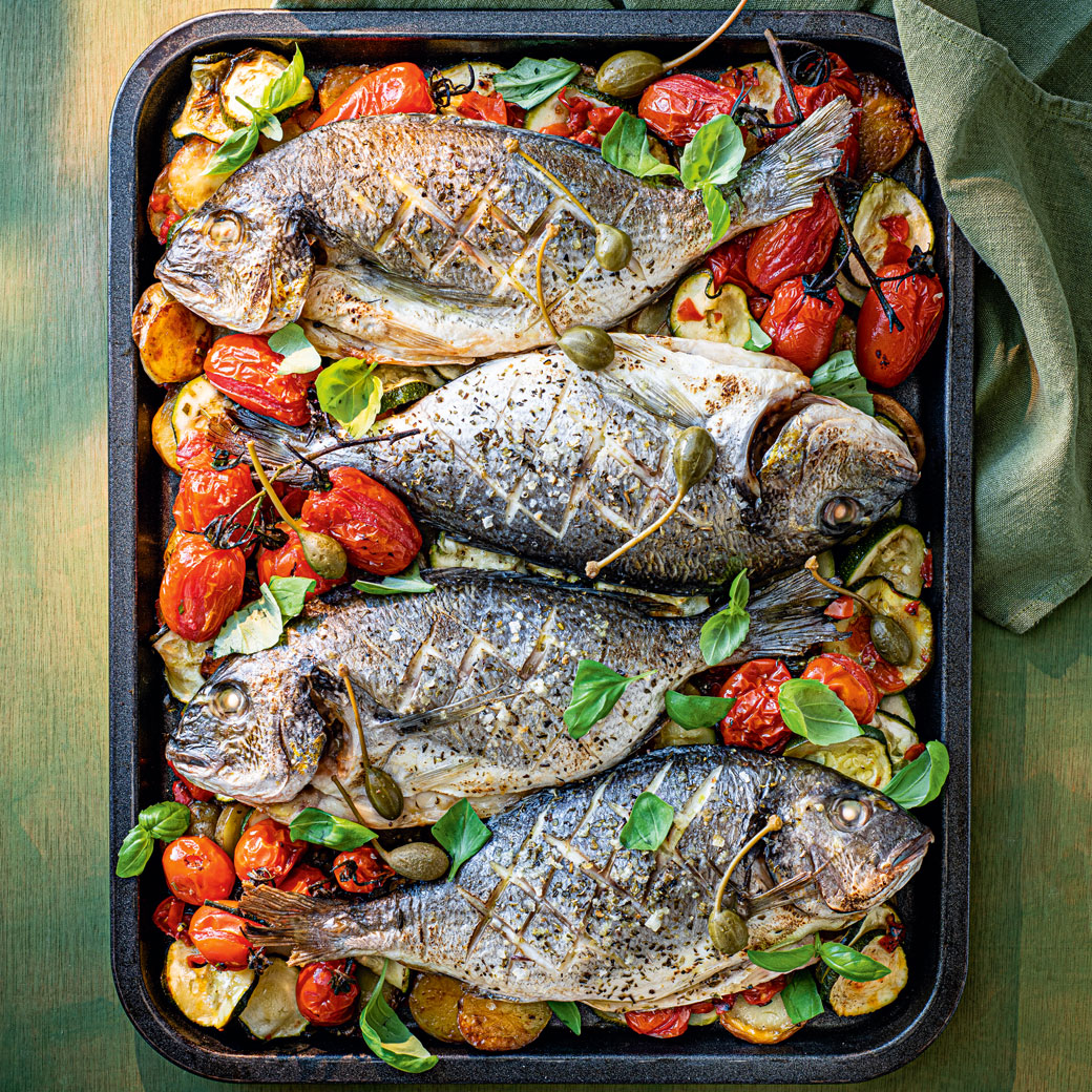 Roast Sea Bream with Baby Plum Vine Tomatoes
