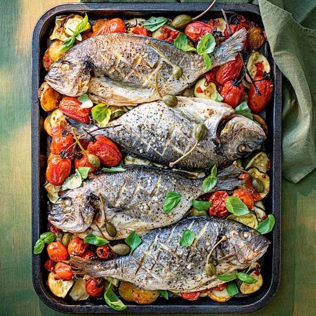 Roast Sea Bream with Baby Plum Vine Tomatoes