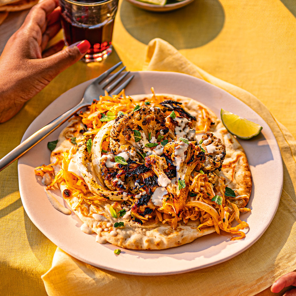 Charred Cauliflower with Sumac Butter and Harissa Slaw