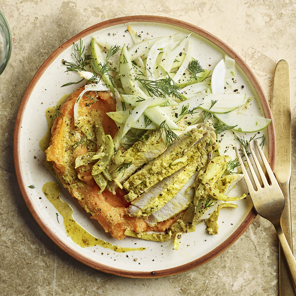 Za’atar Pork Chops, Sweet Potato Purée and Fennel and Apple Salad