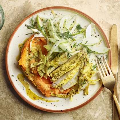 Za’atar Pork Chops, Sweet Potato Purée and Fennel and Apple Salad