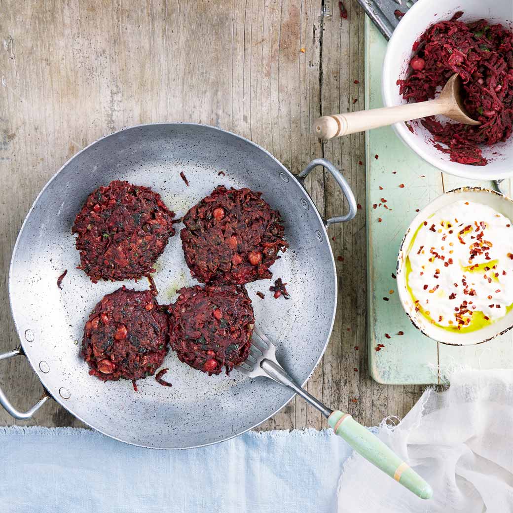 Beetroot and Chickpea Fritters with Feta Dip