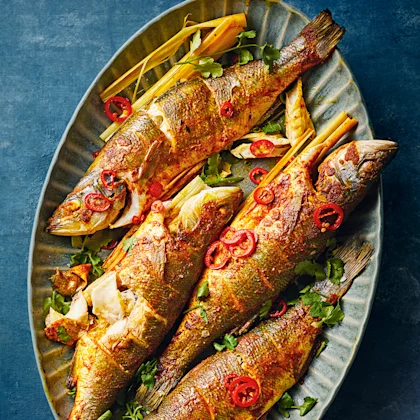 Baked Sea Bass with Lemongrass, Ginger and Garlic