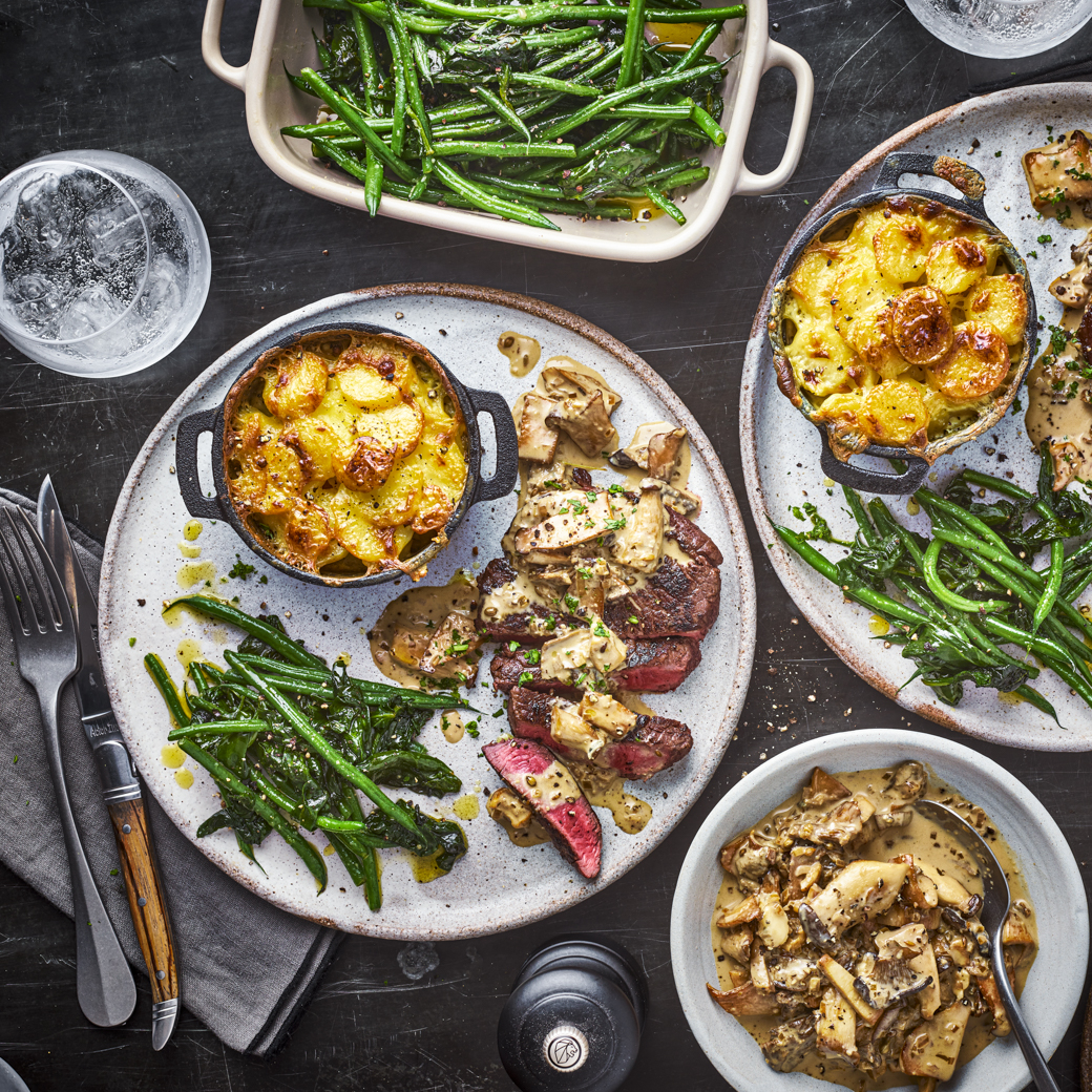 Beef Fillet with Mushroom and Roquefort Sauce and Gratin Dauphinoise