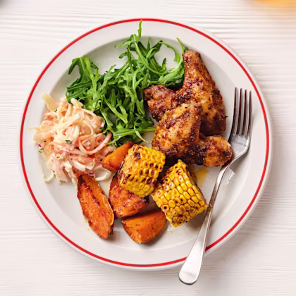 Cajun Chicken Wings, Sweet Potato and Corn Traybake