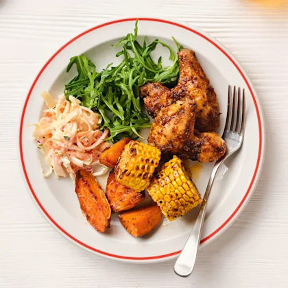 Cajun Chicken Wings, Sweet Potato and Corn Traybake