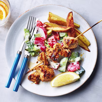 Chicken Kebabs with Chopped Salad and Wedges
