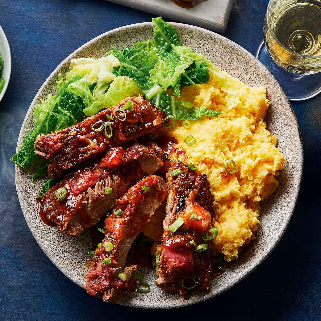 Smoky Pork Ribs with Rhubarb Sauce and Swede Mash 