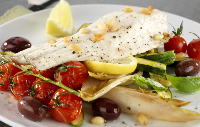 Roast Sea Bass with Baby Courgettes