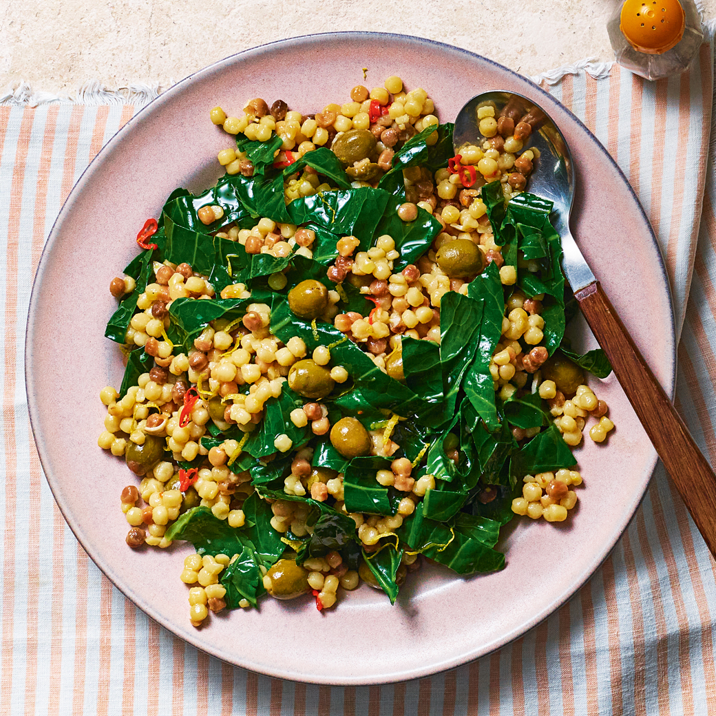 Fregola with Olives and Spring Greens  