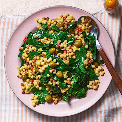 Fregola with Olives and Spring Greens