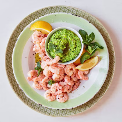 Sauteed King Prawns with a Minty Pea Dip