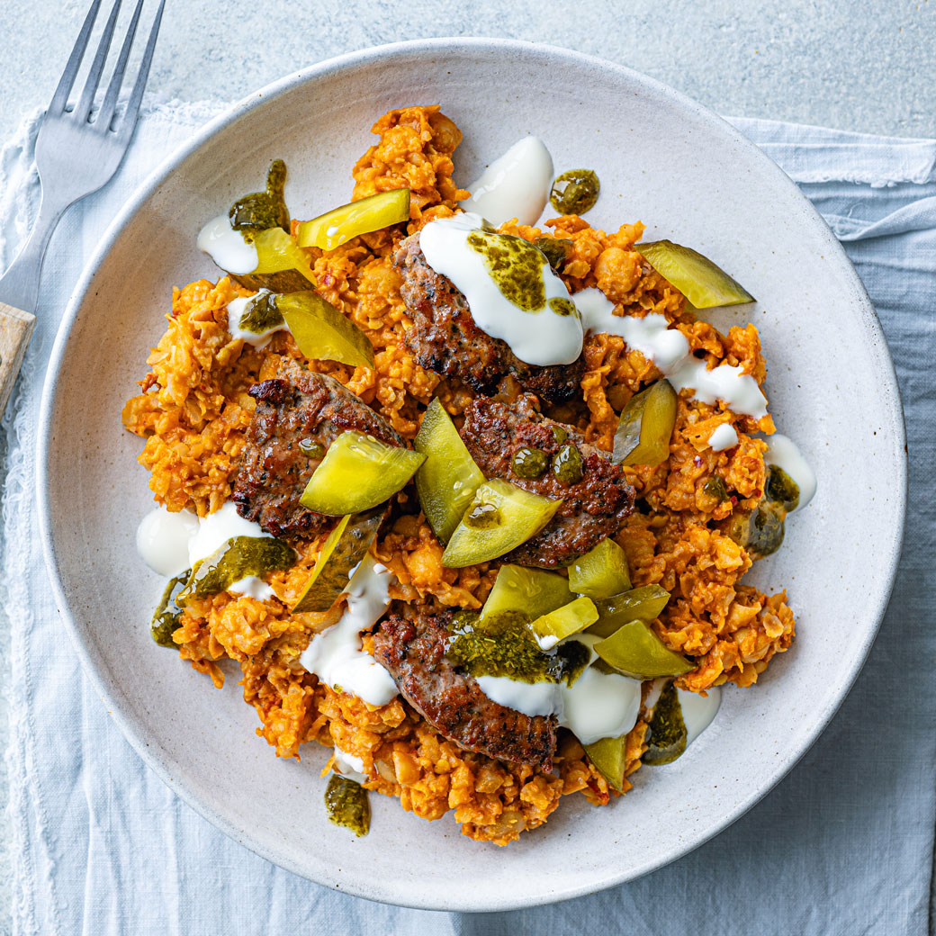 Smashed Lamb Burgers with Cauliflower and Chickpea Mash