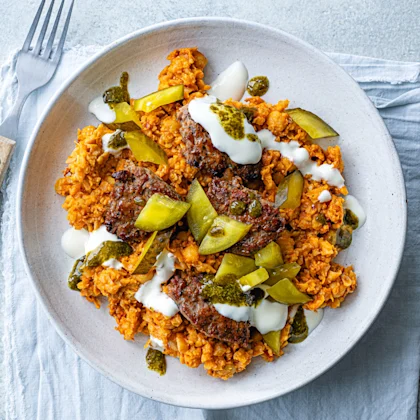 Smashed Lamb Burgers with Cauliflower and Chickpea Mash