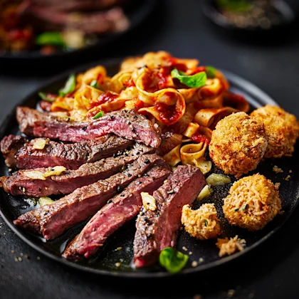 Steak with Sugo Pomodoro Pasta and Crab Bonbons