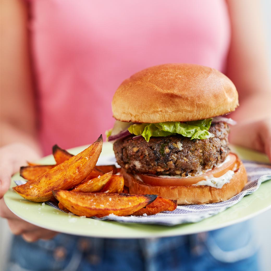 Black bean burgers with sweet potato fries