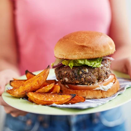 Black bean burgers with sweet potato fries