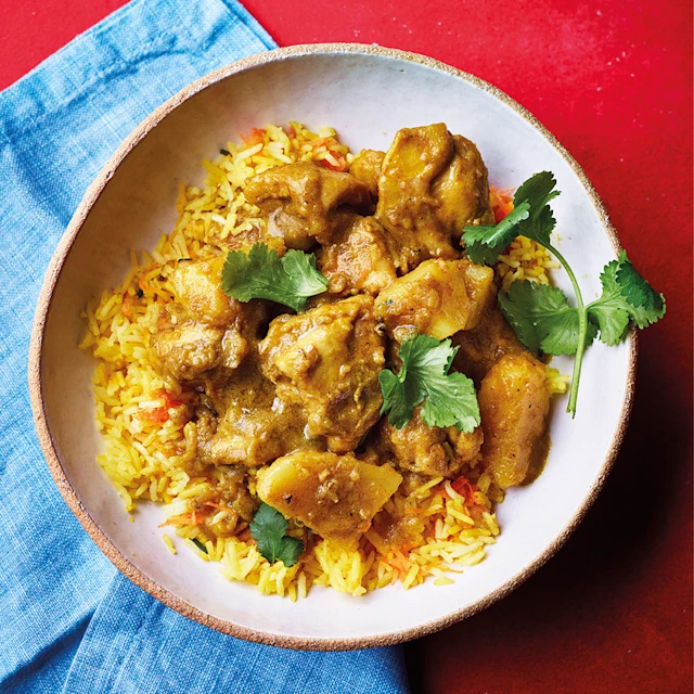 Curry Chicken with Green Seasoning and Golden Rice