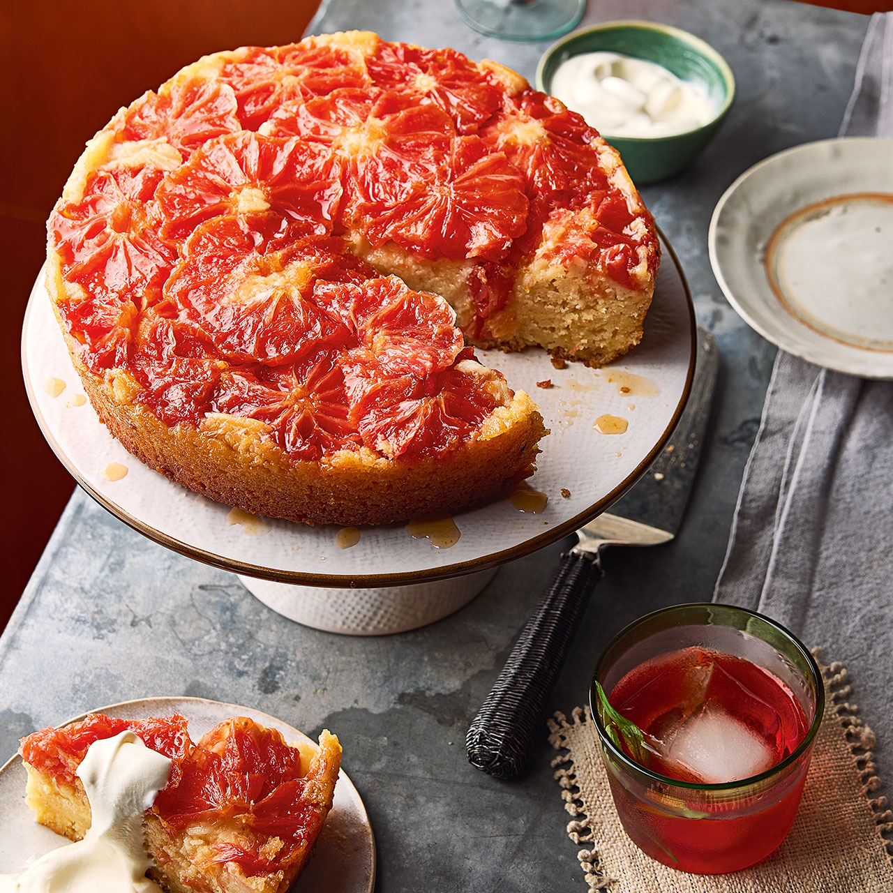 Red Grapefruit Upside-down Cake with Lemony Crème Fraîche    