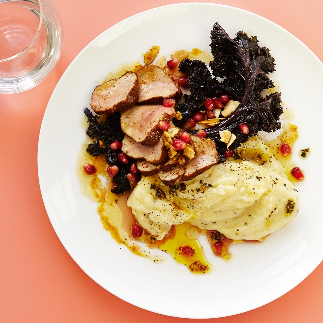 North African Pork Fillet with Creamy Rosemary and Garlic Infused Mash and Sliced Kale