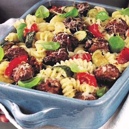 Meatball and Roasted Vegetable Pasta Bake