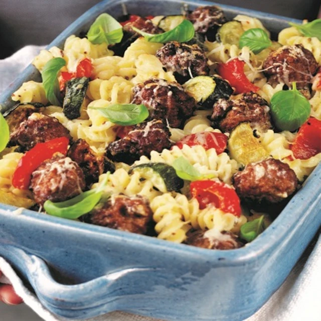 Meatball and Roasted Vegetable Pasta Bake