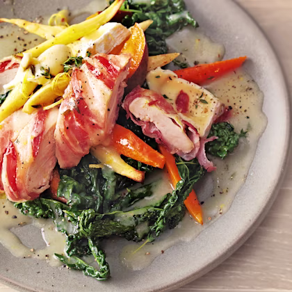 Pancetta Chicken with Roasted Vegetables & Melting Camembert