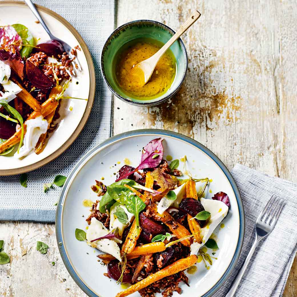 Warm wild rice salad with camembert and roasted vegetables
