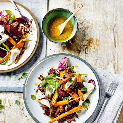 Warm wild rice salad with camembert and roasted vegetables