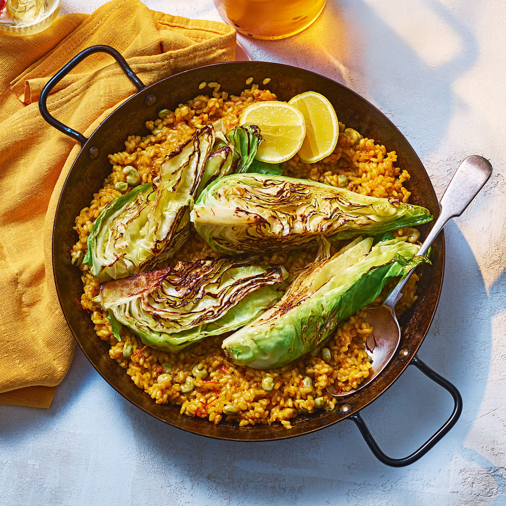 Paella with Sweetheart Cabbage and Broad Beans