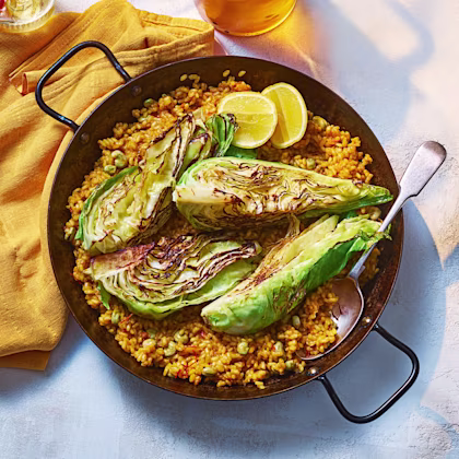 Paella with Sweetheart Cabbage and Broad Beans