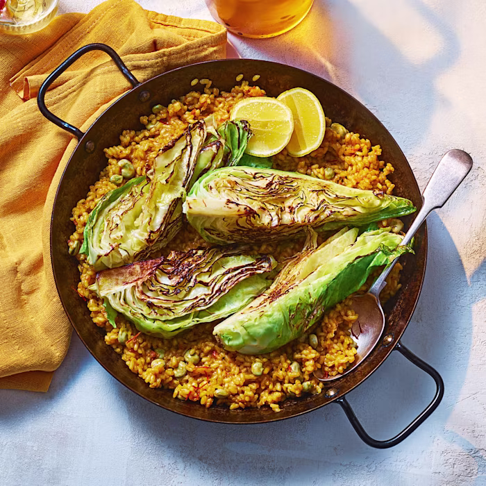 Paella with Sweetheart Cabbage and Broad Beans