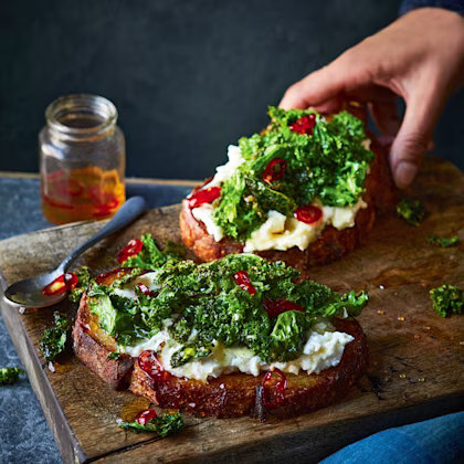 Crispy Kale Toast with Whipped Feta and Honey
