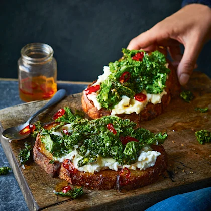 Crispy Kale Toast with Whipped Feta and Honey