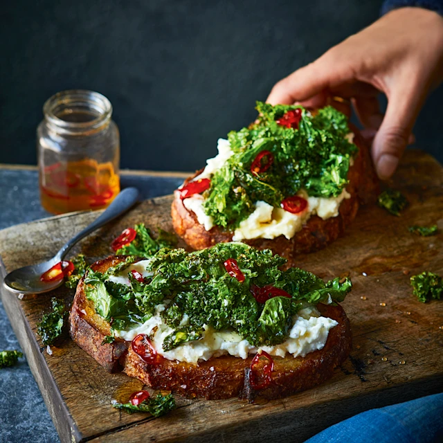 Crispy Kale Toast with Whipped Feta and Honey