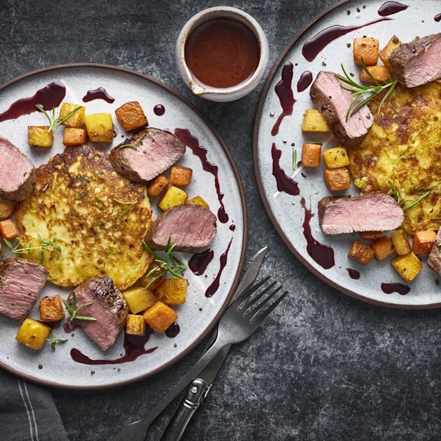 Lamb Loin with Cheesy Leek Welsh Cakes