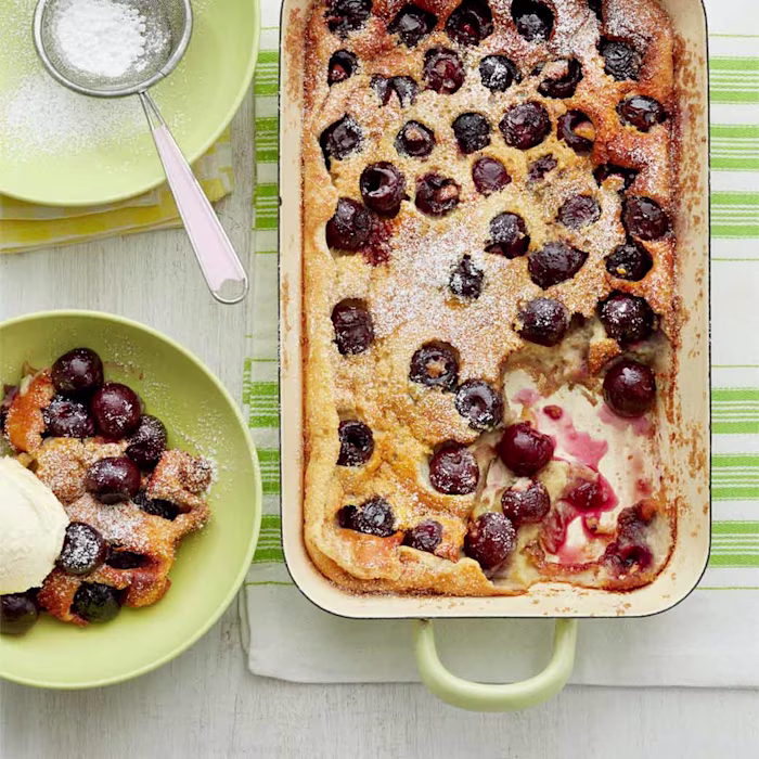 Cherry clafoutis with clotted cream