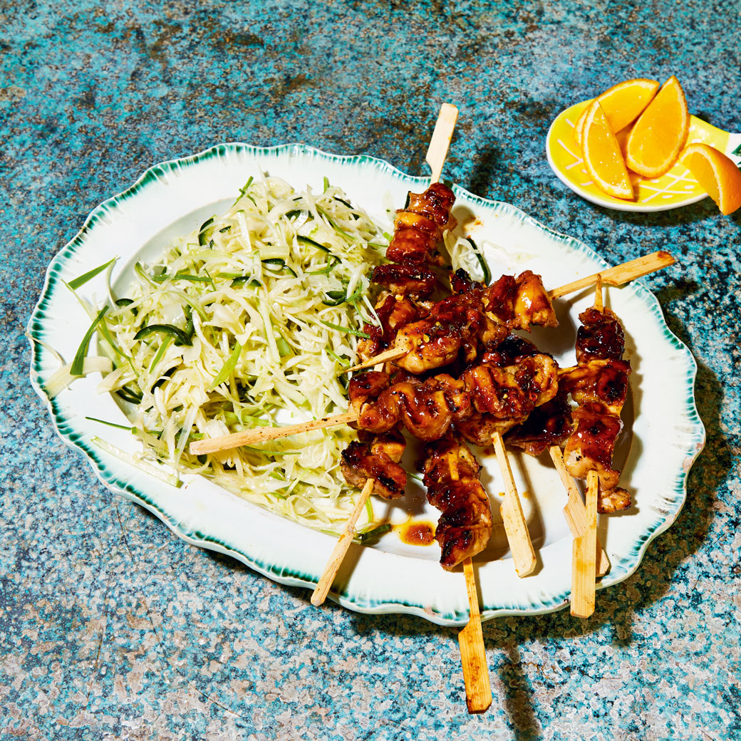 Mai Tai Chicken Skewers with Spicy Green Slaw