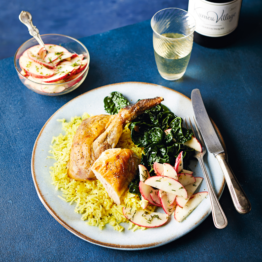 Guinea Fowl with Lemon Pilau and Pickled Apple