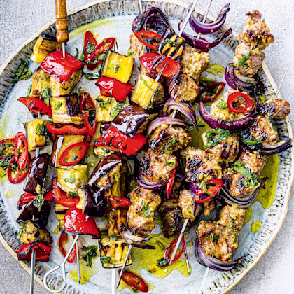 Fenugreek and Yoghurt Lamb Kebabs with Peppers and Aubergine
