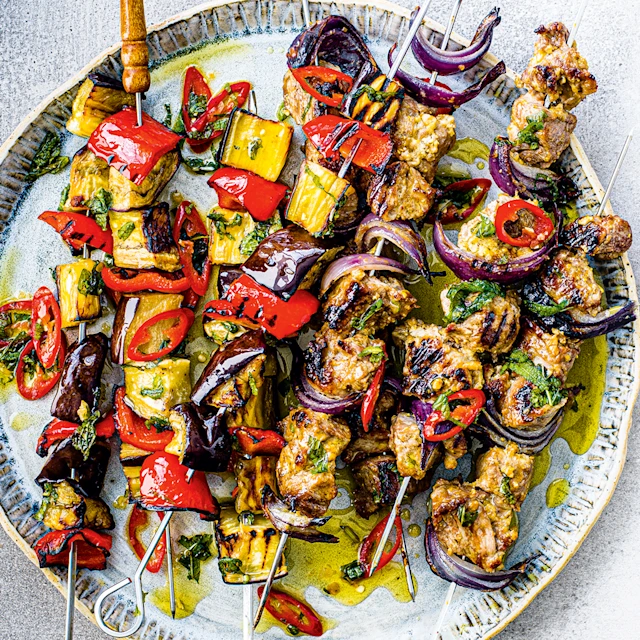 Fenugreek and Yoghurt Lamb Kebabs with Peppers and Aubergine