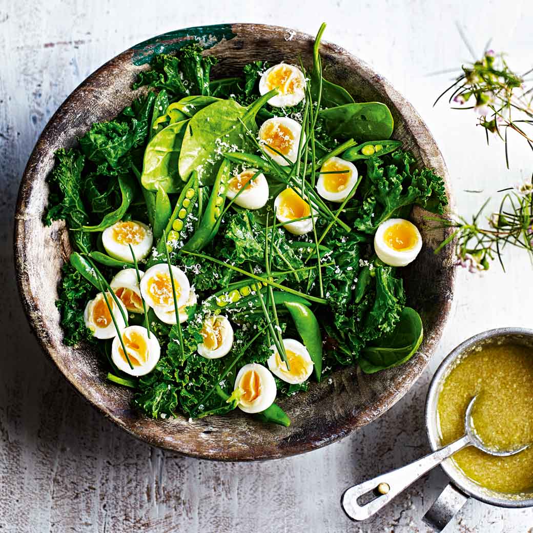 Kale, Sugar Snap Peas, Baby Spinach & Quail Egg Salad with Parmesan Dressing