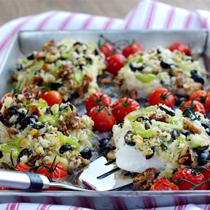 Roasted Cod & Cherry Tomatoes Topped with Celery, Walnut & Black Olive Stuffing