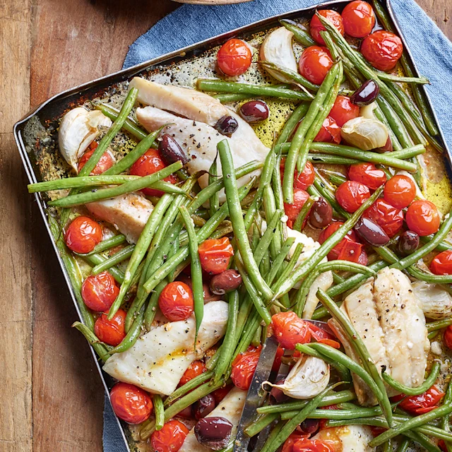Smoked Haddock, Tomato and Bean Traybake with Tahini Sauce and Baby Potatoes