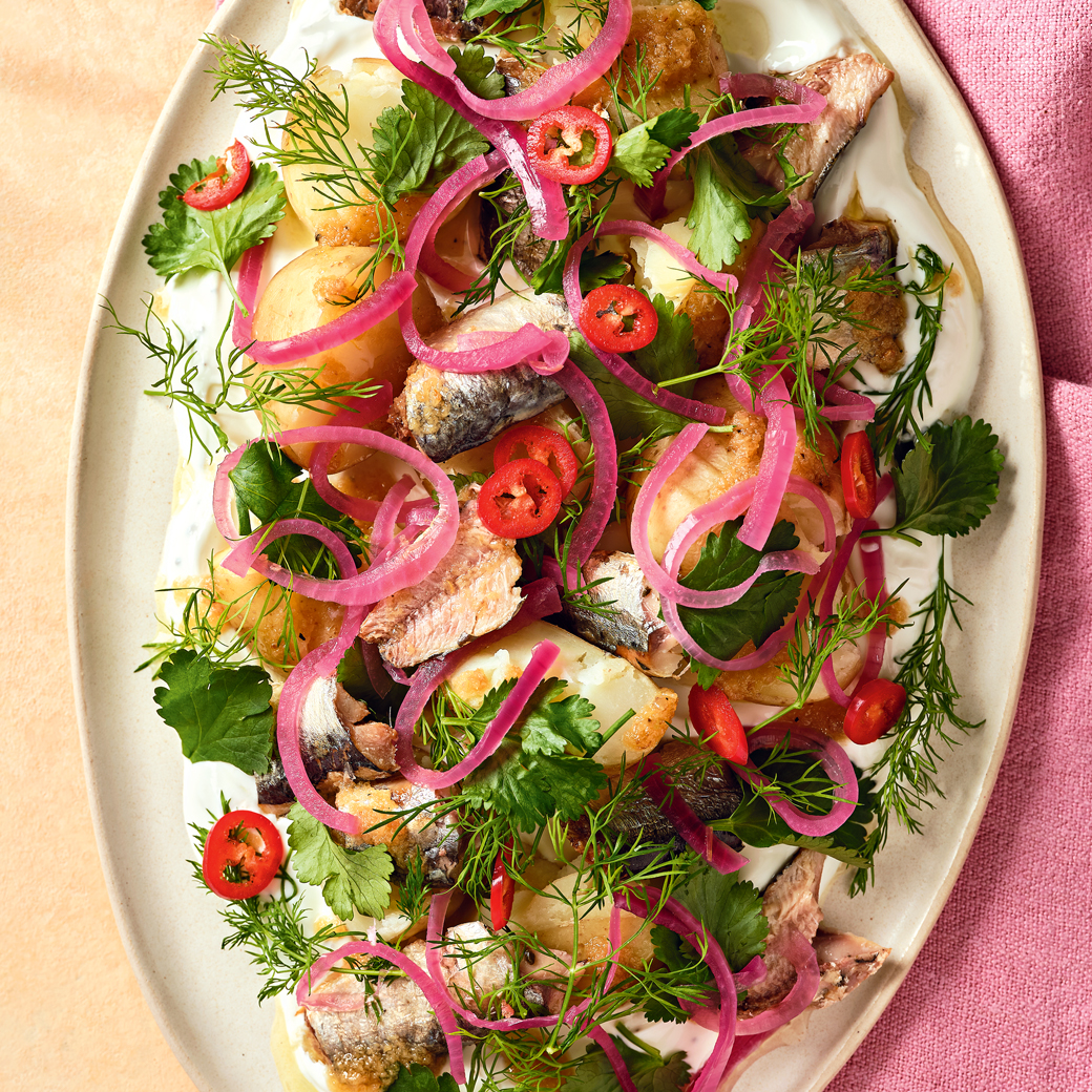 Baby Potatoes with Roasted Garlic, Sardines and Pickled Onions