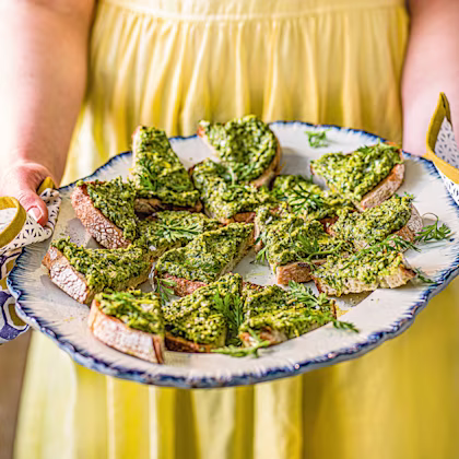 Carrot-Top Pesto Bruschetta