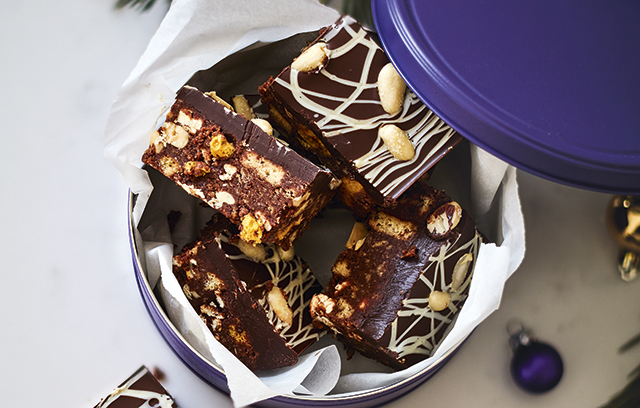 Honeycomb, salted peanut and popcorn tiffin